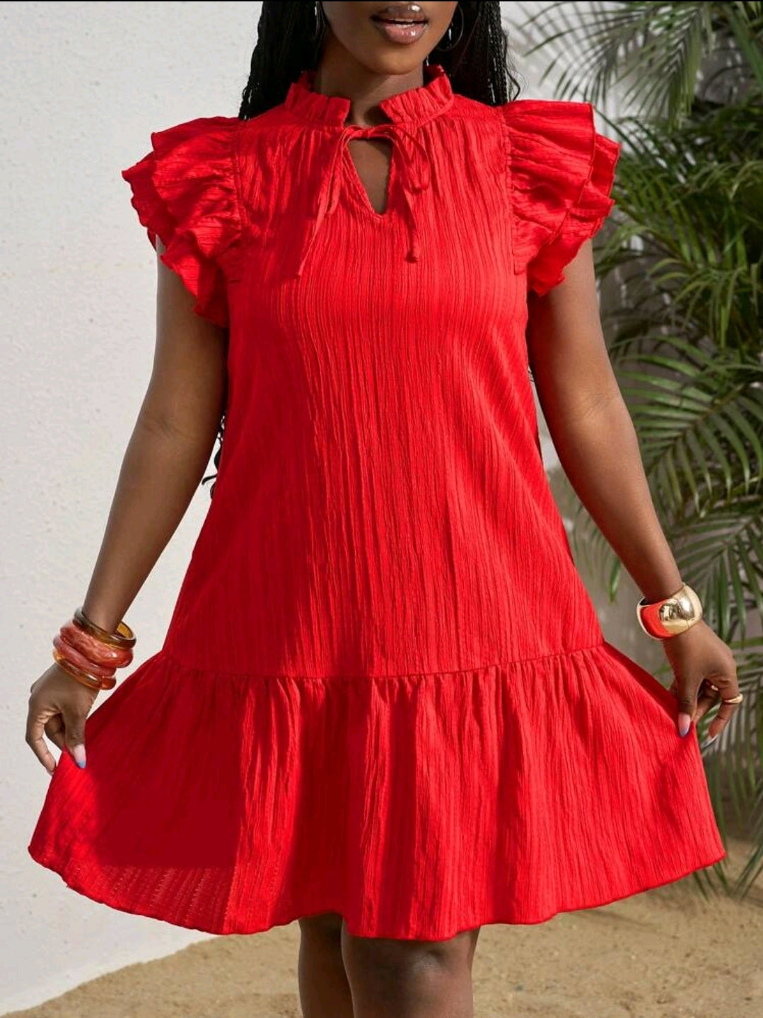 Slaydiva Robe décontractée en tissu texturé avec lien rouge pour femmes