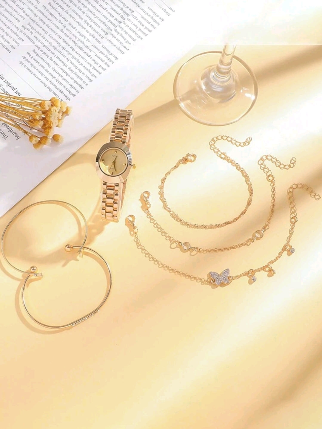 5 pièces/set Montre à quartz ronde en acier inoxydable avec cadran strass et bracelet papillon en strass