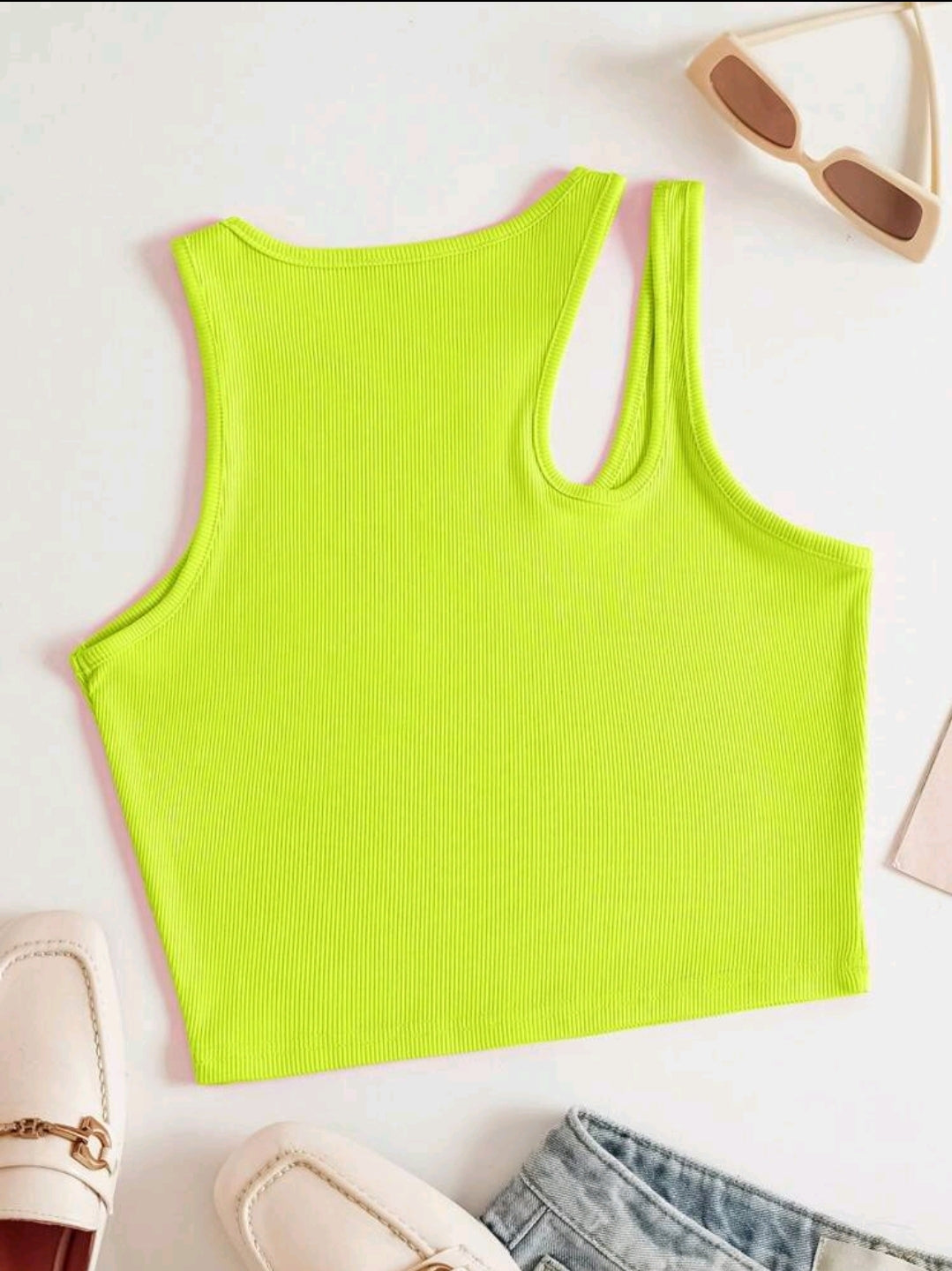 INAWLY Haut De Réservoir En Maille Côtelée Vert Fluo Avec Épaule Dénudée Pour L'été