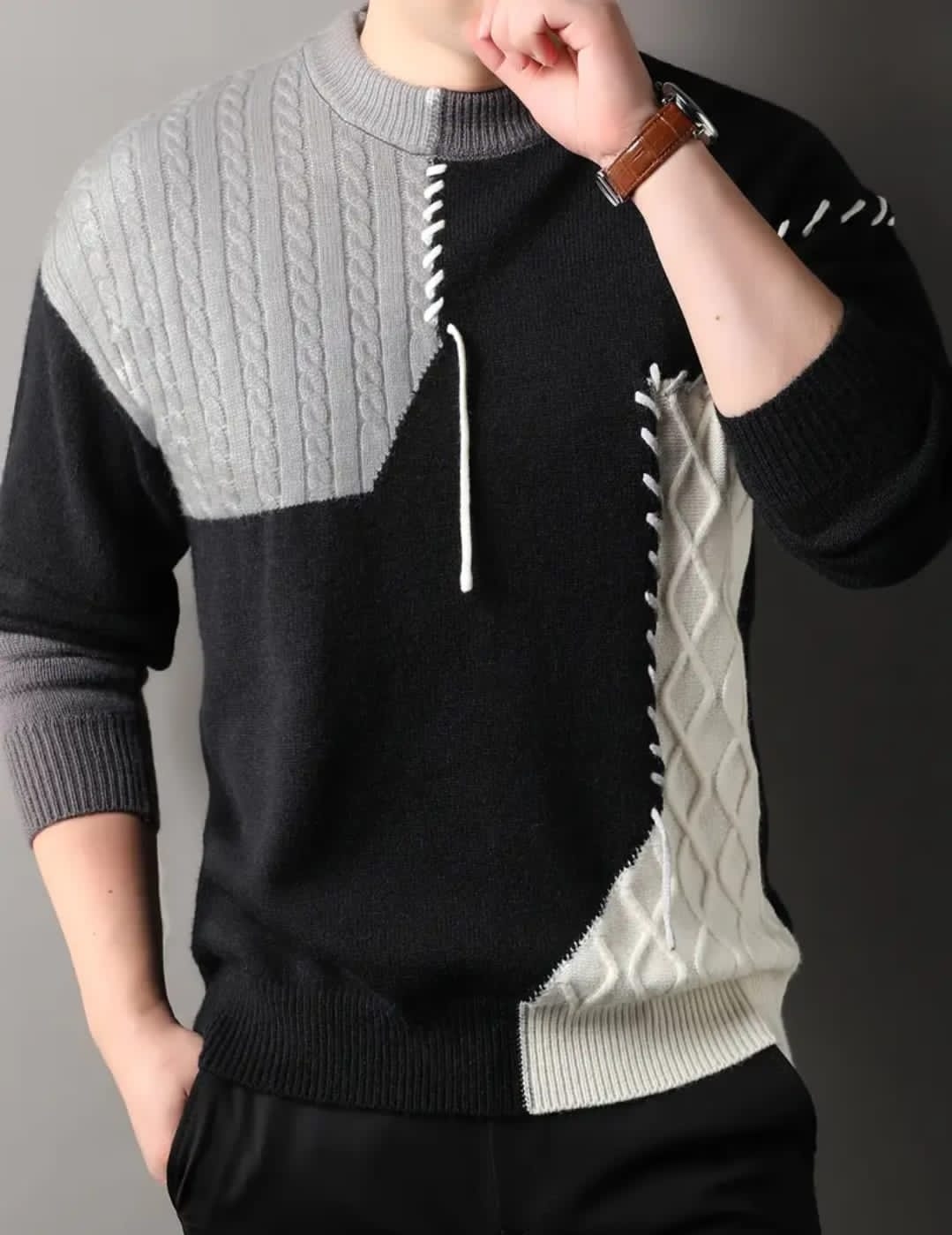 1pc Pull À Col Rond de Style Coréen Pour Hommes, Motif Rayé Décontracté, Tricot Côtelé, Légèrement Extensible, Coupe Ample, Tissu Tricoté En Acrylique, Pull Épais Et Chaud Pour L'automne/hiver
