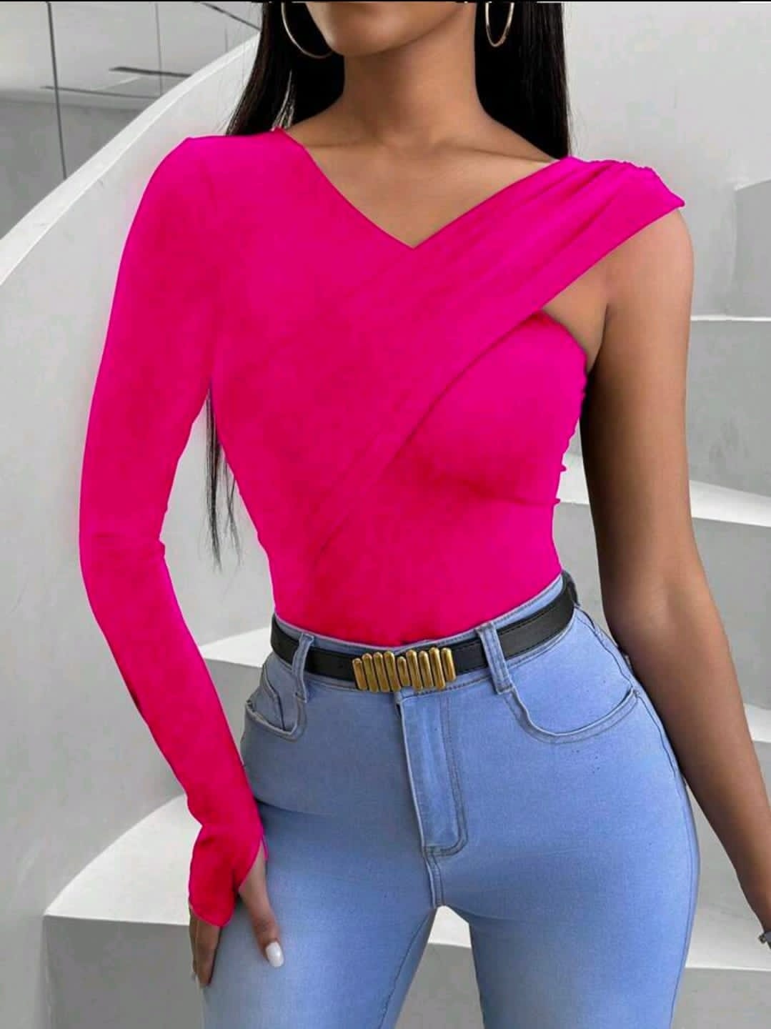 VaVaBold T-shirt Décontracté Printemps Ajusté Slim Col Asymétrique