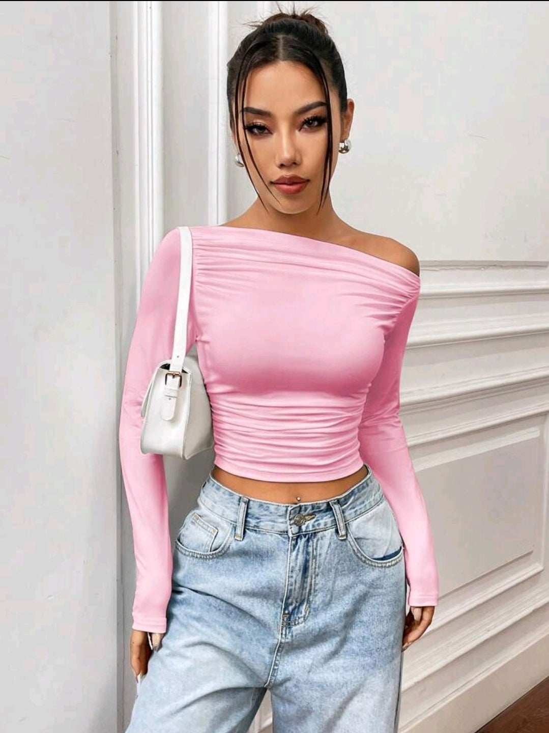Flirla T-shirt À Manches Longues Slim Plissé Encolure Asymétrique Couleur Unie, Adapté Pour Les Loisirs De Printemps