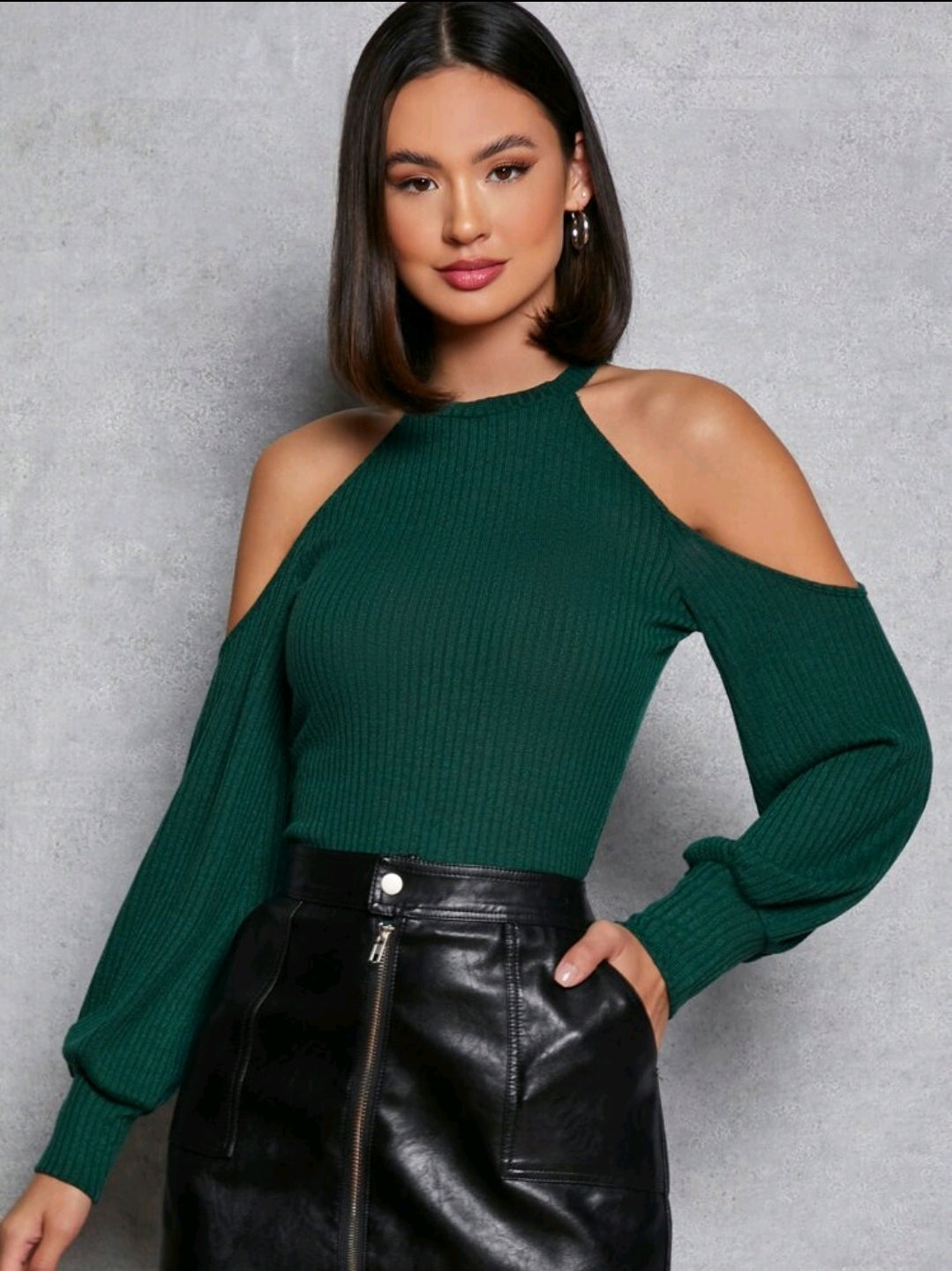 Firerie Top décontracté pour femme à encolure ronde, épaules dénudées, manches longues, de couleur unie