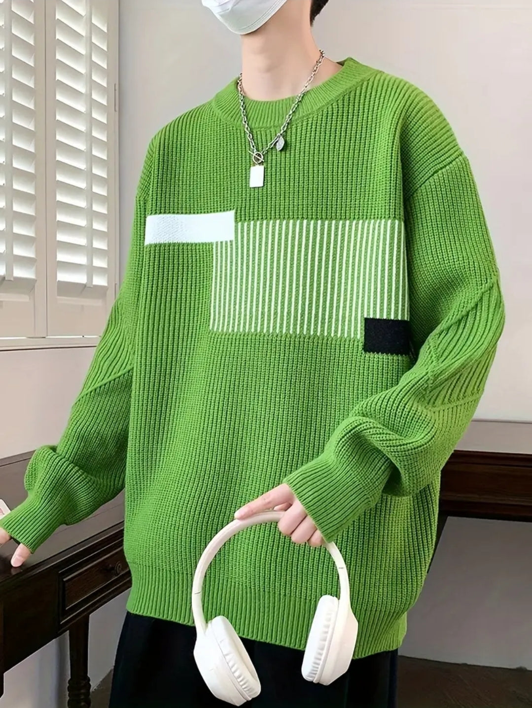Pull Tricoté à Rayures et Blocs de Couleur pour Homme, Pull Décontracté