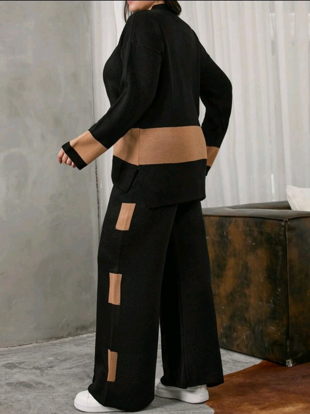 Ensemble deux pièces en tricot bicolore pour femmes grande taille, pour l'hiver