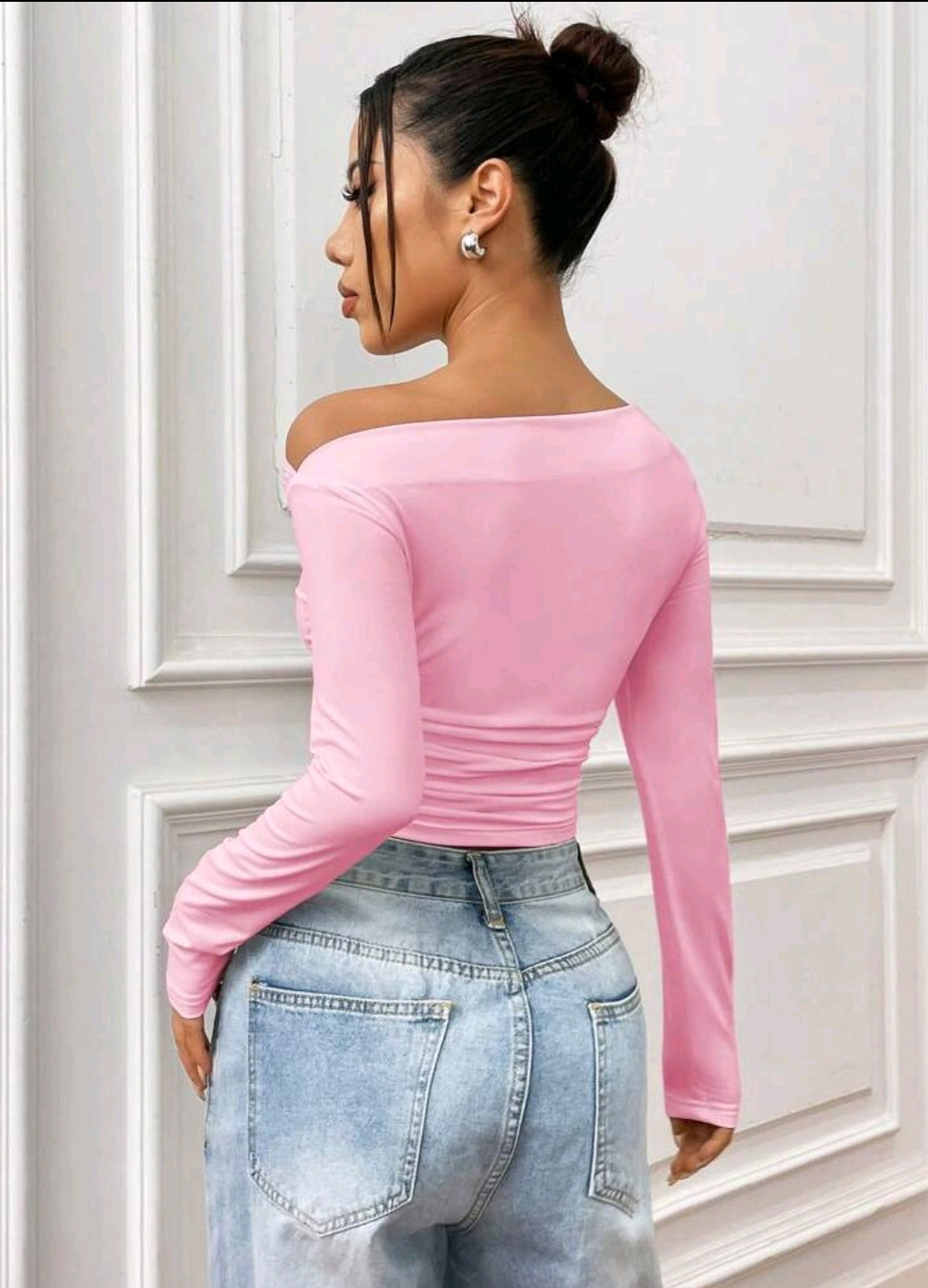Flirla T-shirt À Manches Longues Slim Plissé Encolure Asymétrique Couleur Unie, Adapté Pour Les Loisirs De Printemps