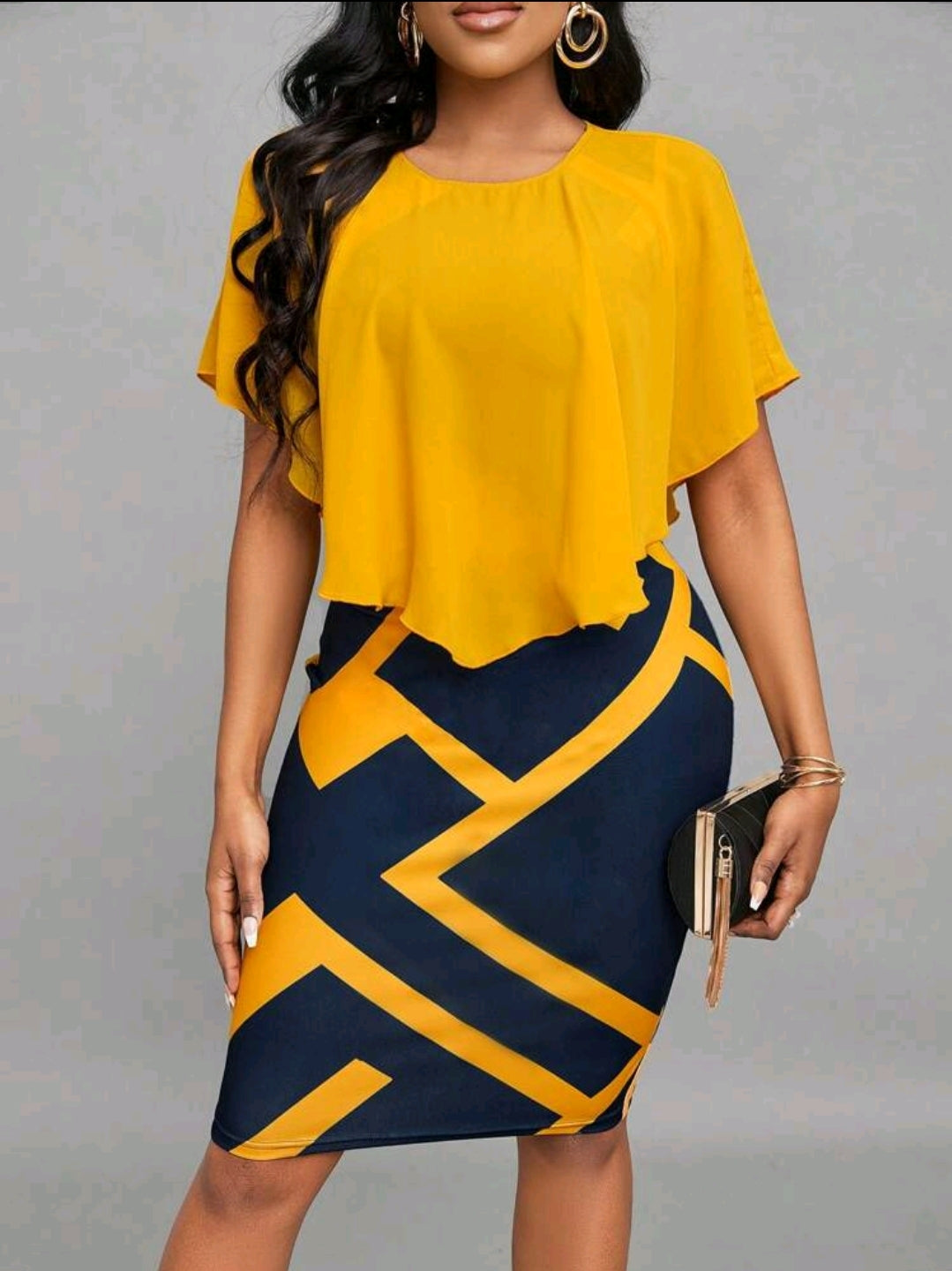 Robe de bureau élégante avec ourlet volant de patchwork à imprimé géométrique, pour femme, printemps & été jaune