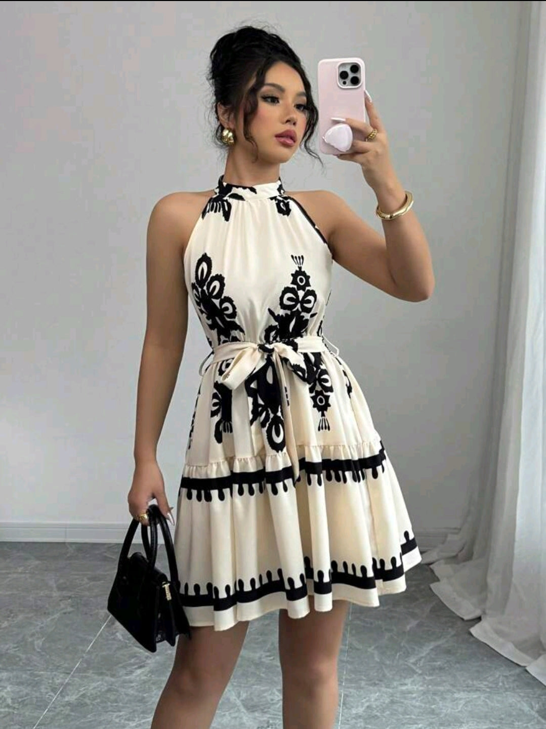 Elenzga Robe décontractée courte à col ras-du-cou avec imprimé floral, idéale pour les vacances