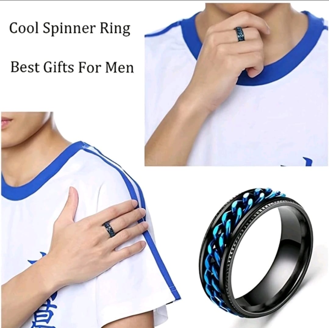 4 pièces Bague en acier inoxydable bleue à la mode pour homme, découpée, mate sablée, avec chaîne bleue rotative.
