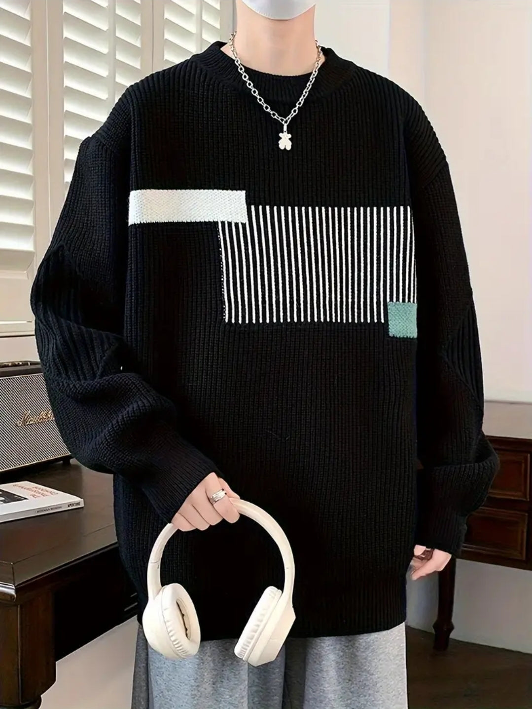Pull Tricoté à Rayures et Blocs de Couleur pour Homme, Pull Décontracté à Manches Longues
