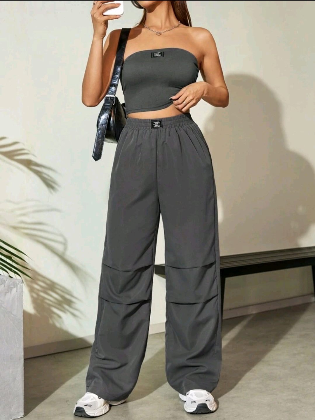 Flirla 2 pièces Ensemble de Top tube dos nu et pantalon casual jambe droite pour femmes