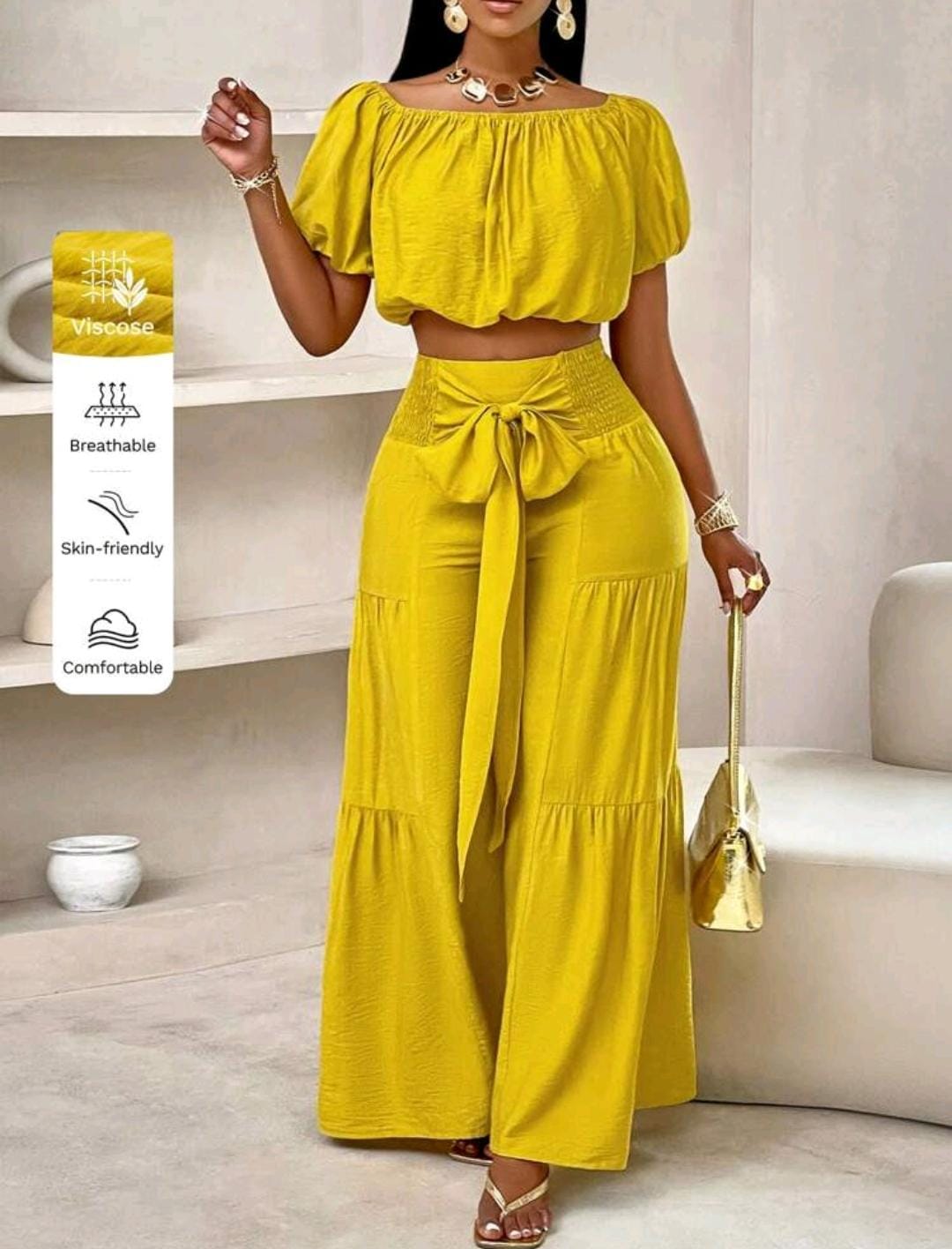 Ensemble de débardeur court à volants sans bretelles à manches bouffantes et pantalon large pour le style vacances d'été à la plage