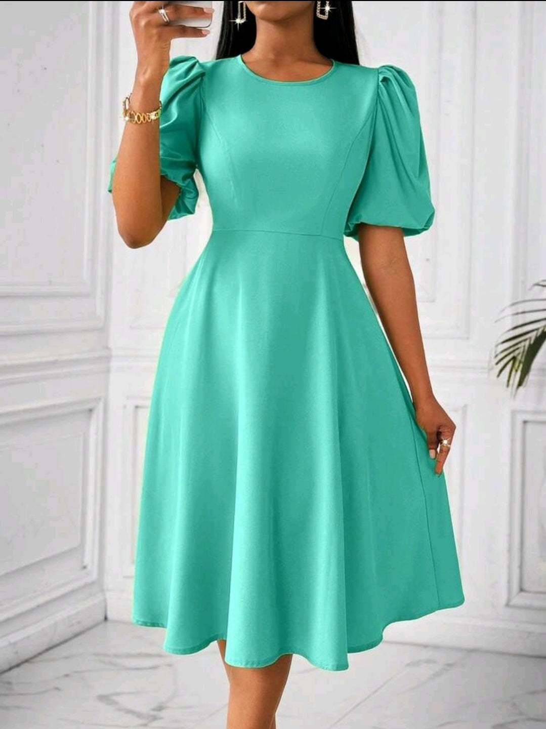Lyxana Robe verte longue à manches bouffantes et évasée taillée pour femmes, tenue maxi pour femmes au printemps/été
