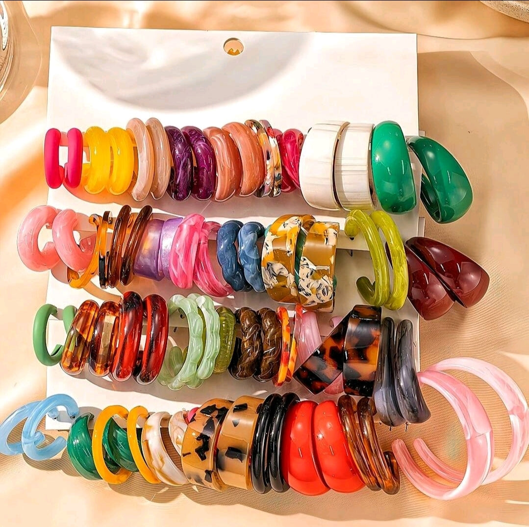 10-40 paires d'ensembles de boucles d'oreilles à chaîne longue bicolore en matériau de plaque de résine acrylique en forme de C