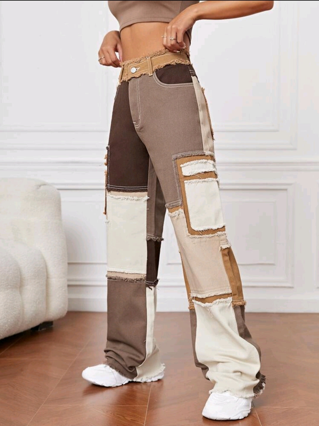 Jean à imprimé patchwork effiloché