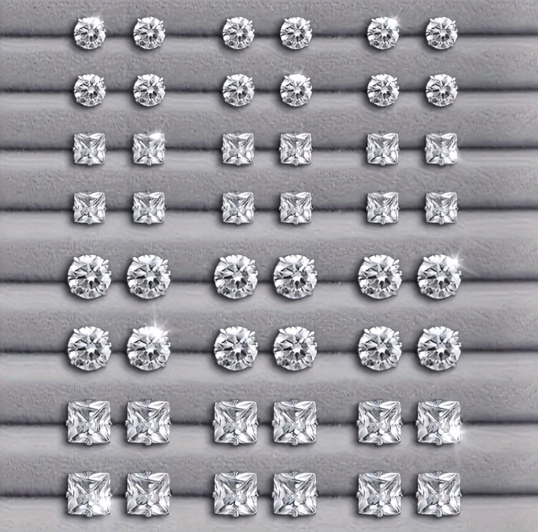 48 pièces/set Boucles d'oreilles à tige rondes et carrées en CZ pour femmes, design élégant et simple, cadeau de mode polyvalent et décontracté