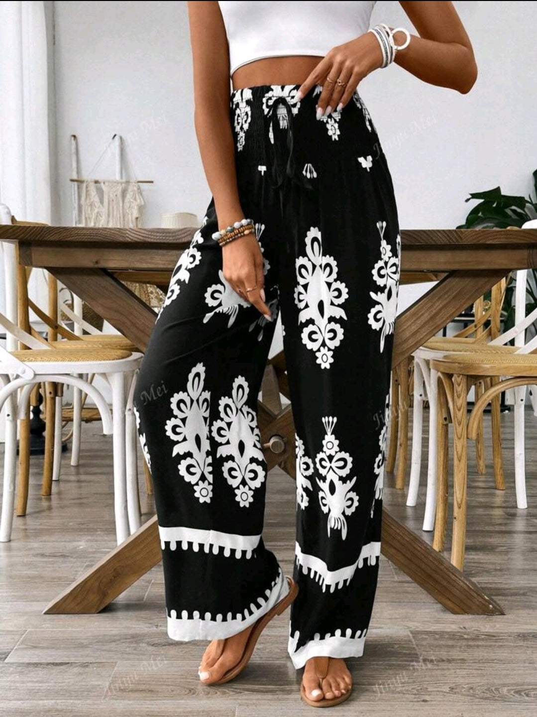 Pantalon large à taille élastique et à cordon pour femmes, avec imprimé floral aléatoire
