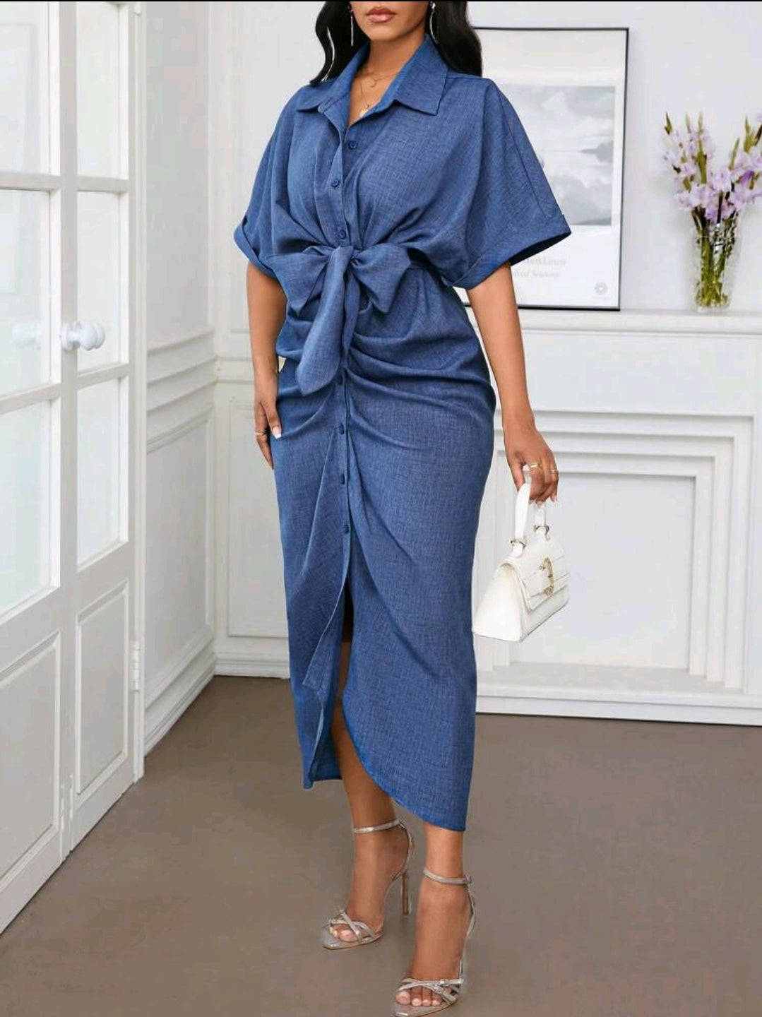 Robe de bureau, robe de vacances, robe chemise à volants bleue unie effet denim pour femmes
