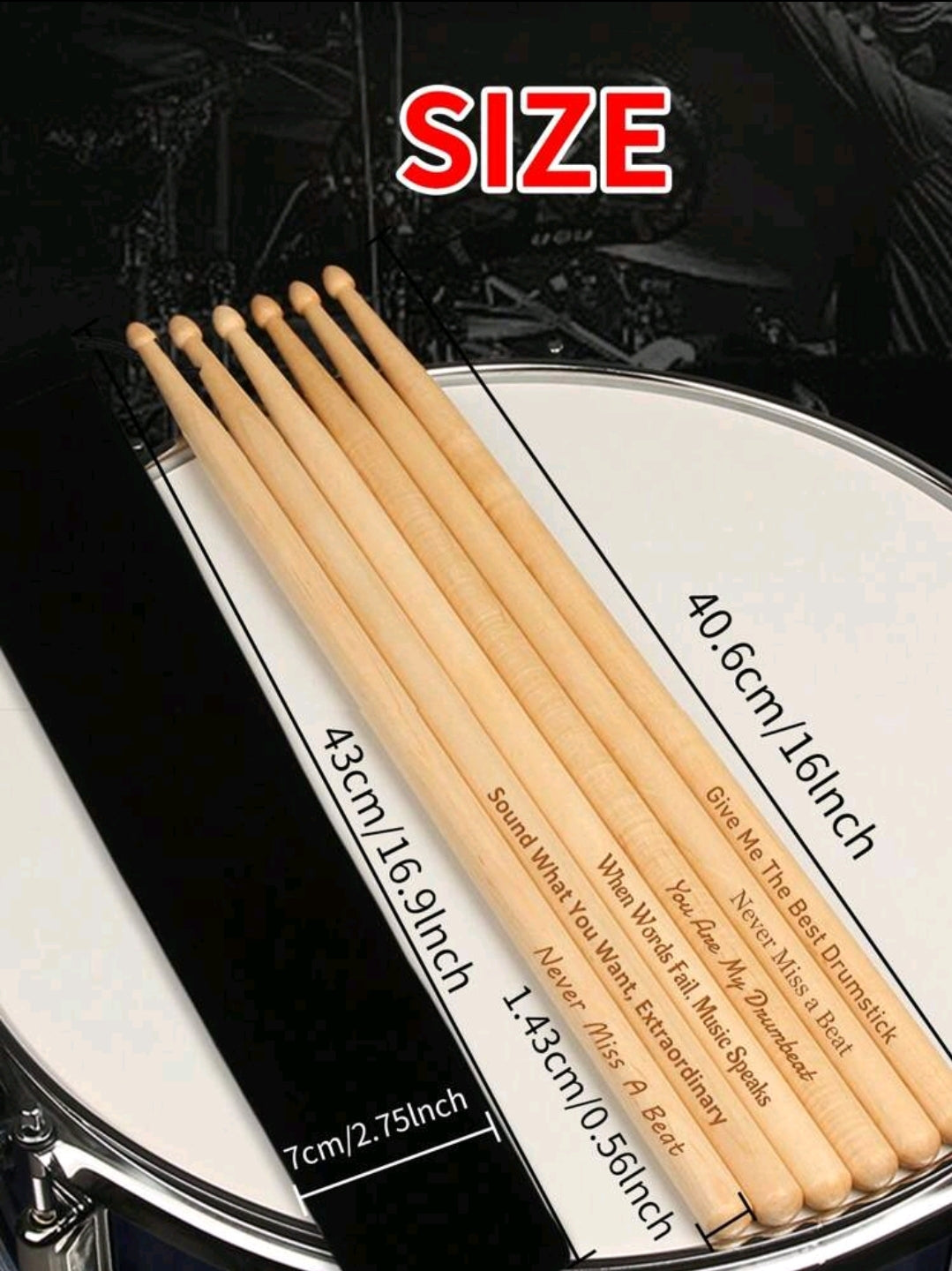 1 paire/set de baguettes de tambour personnalisées gravées sur mesure, baguettes en bois
