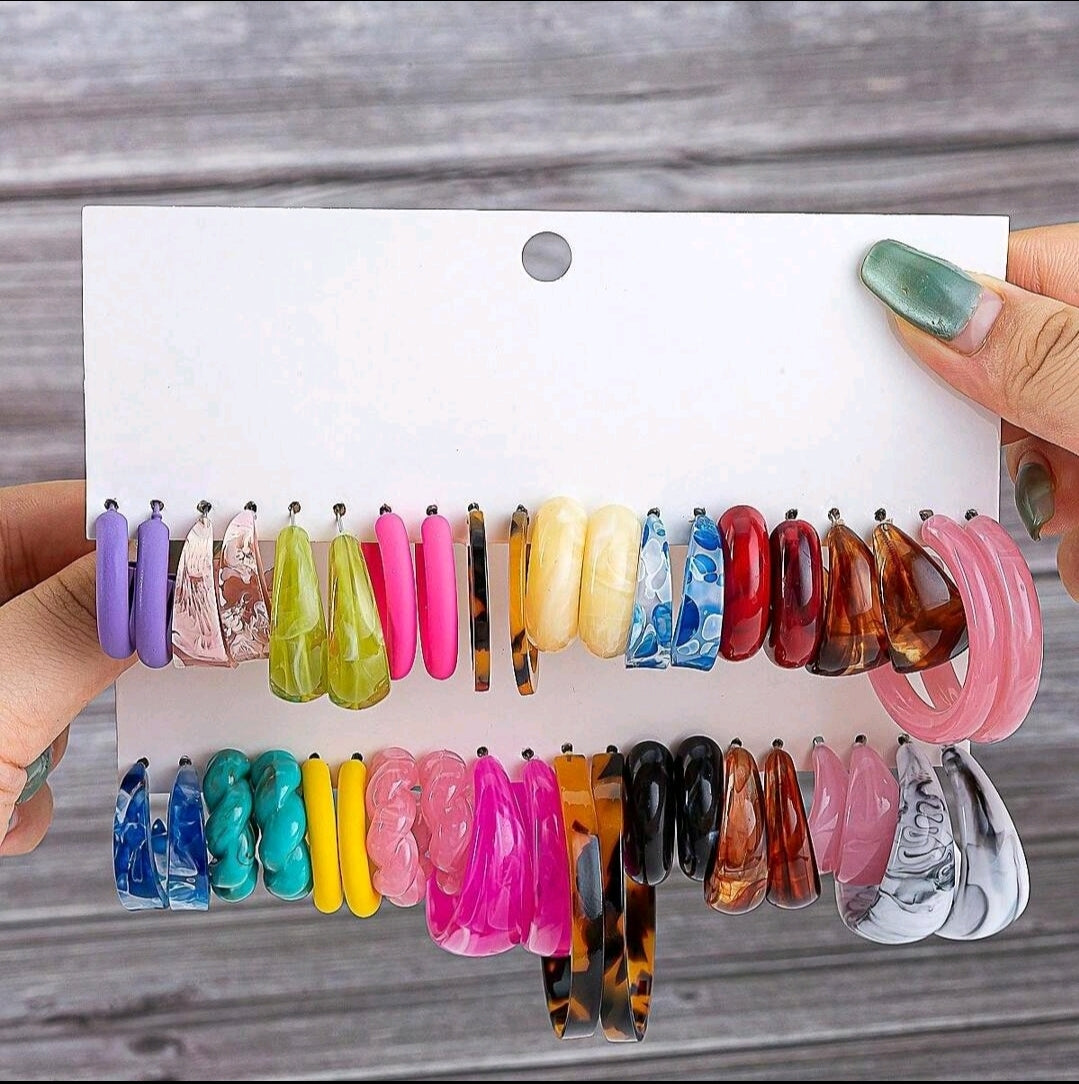 10-40 paires Ensemble de boucles d'oreilles à chaîne longue en forme de C en feuille de résine acrylique bicolore