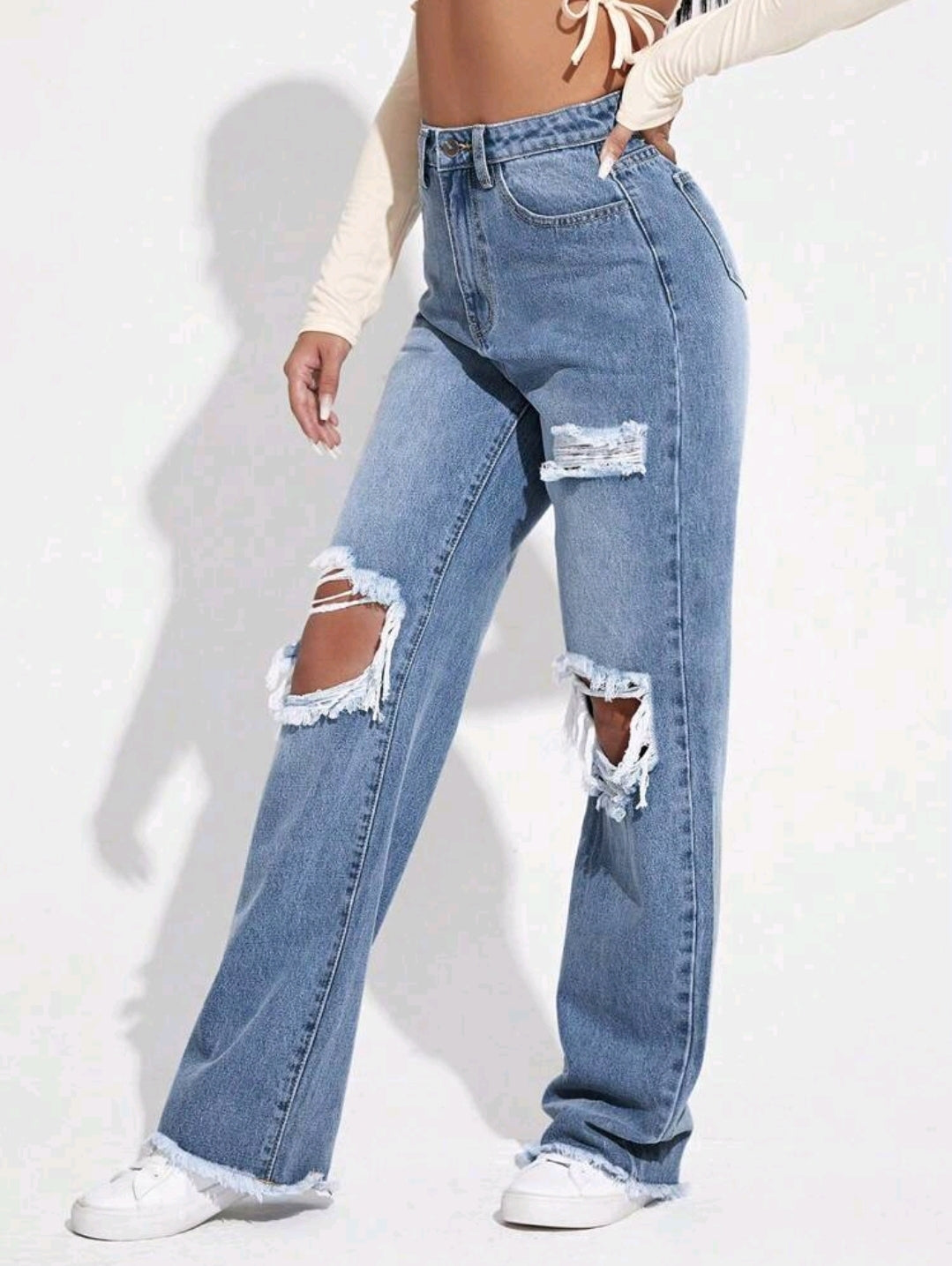Jeans d'été larges à jambes évasées et découpés pour femmes