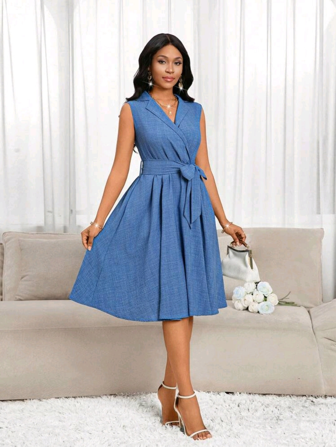 Robe midi élégante sans manches pour femme, mi-mollet, convenant pour le déplacement au travail