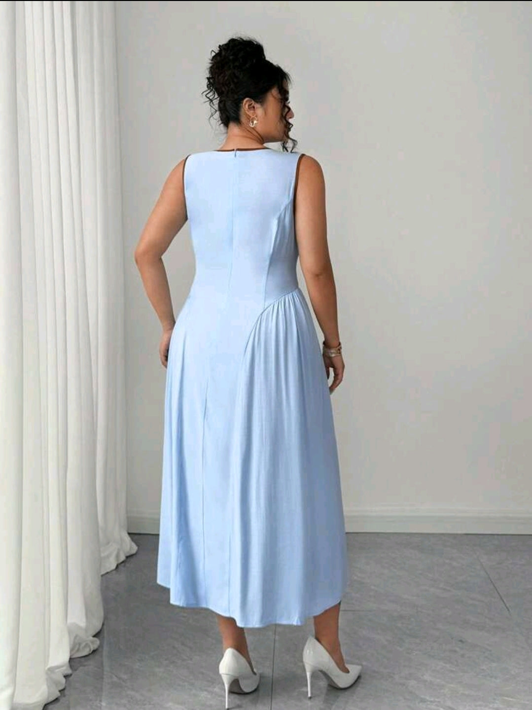 Elenzga Robe femme la plus récente, avec col ajouré, design de cravate bicolore, ourlet côté taille froncé