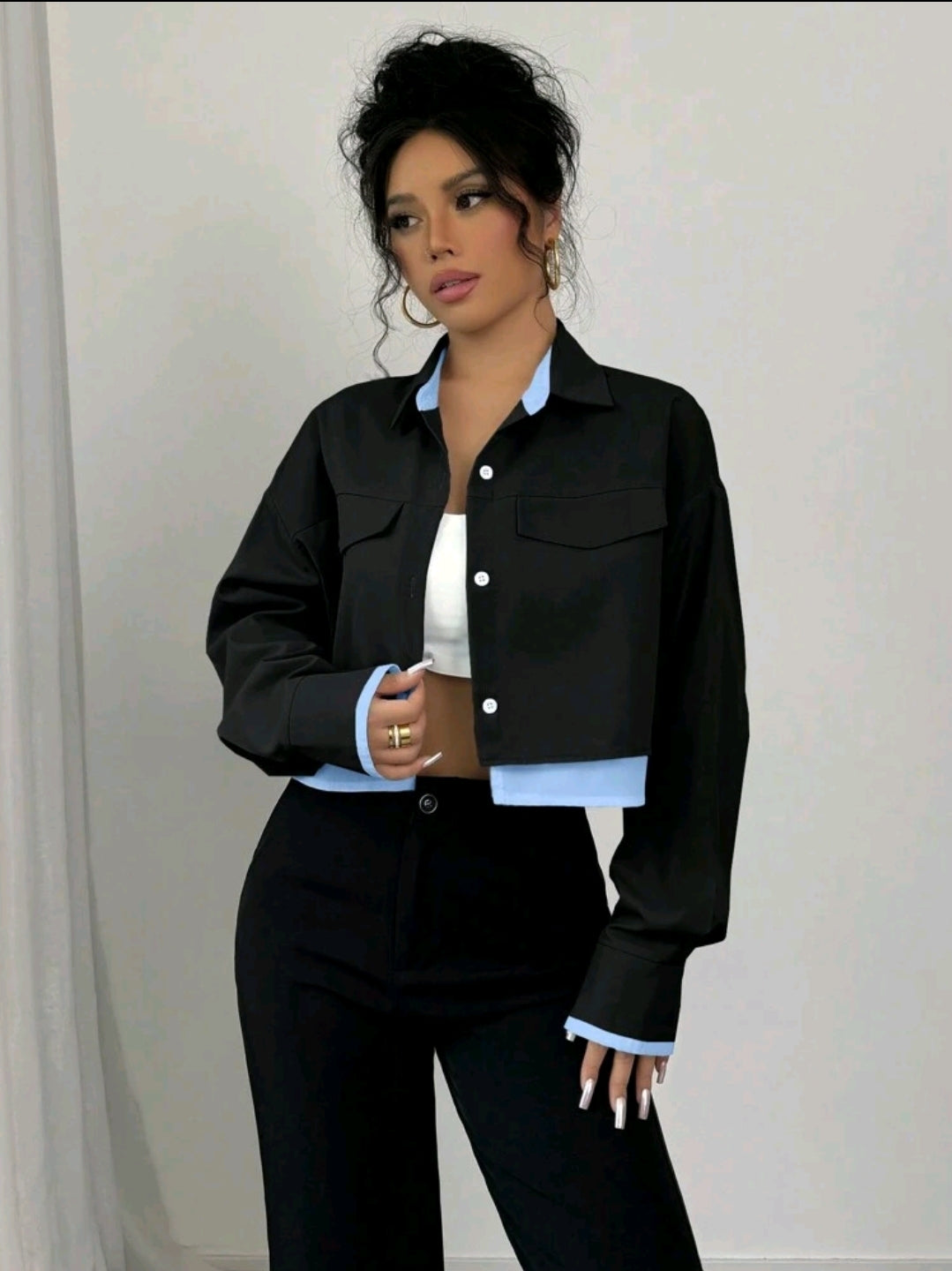 Chiquease Nouvelle blouse à manches longues avec couleurs contrastées pour femmes, en tissu tissé, col rabattu