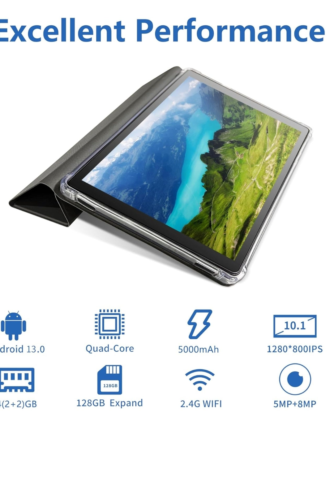 Tablette Android 13, 10 pouces avec étui de protection, processeur quad-core, caméra frontale 5 MP et caméra arrière 8 MP, tablette Bluetooth IPS 5000 mAh, tablette WiFi (A20 4 Go + 32 Go)