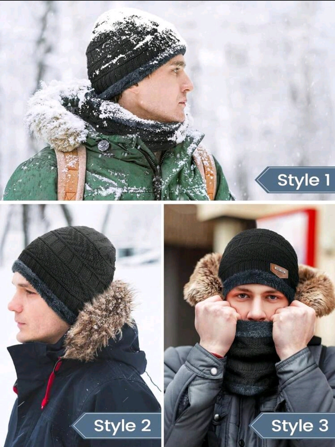 Ensemble bonnet d'hiver et écharpe pour hommes, chapeau tricoté épais doublé thermique, cagoule pour hommes casual