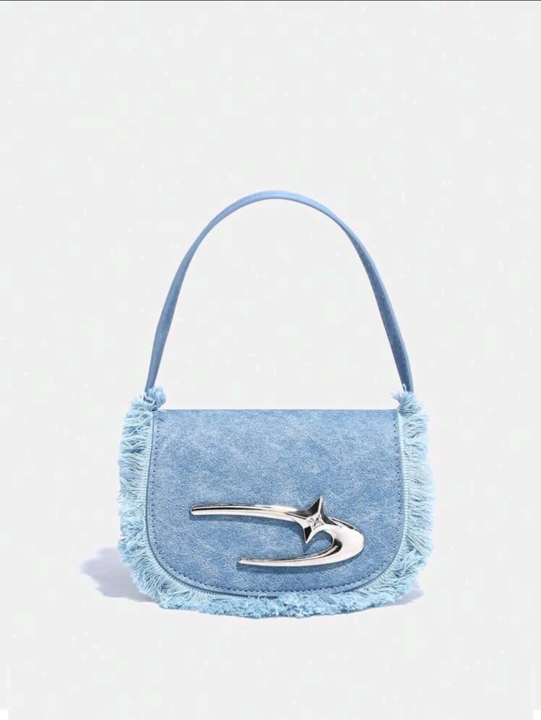 Jean Bleu Mini Demi Lune Sac De Selle Avec À Franges Décoration Et À Rabat Couverture , Adapté Pour Rencontre Ou Voyage
