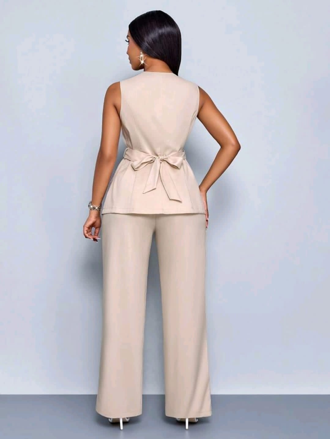SOLERSUN 2 pièces/set Femme Décontracté Mode Quotidienne Polyvalente Blouse Asymétrique Sans Manches à Ourlet Asymétrique & Pantalon Taille Haute à Jambe Large Avec Ceinture