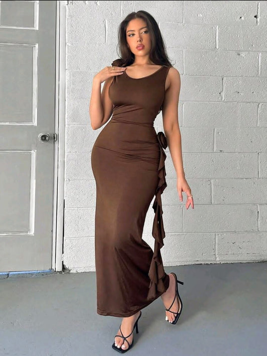 Firerie Robe de vacances élégante pour femme avec décor floral sur les épaules, volants à la taille et nœud, convient pour les sorties, les rassemblements, les fêtes, le thé de l'après-midi