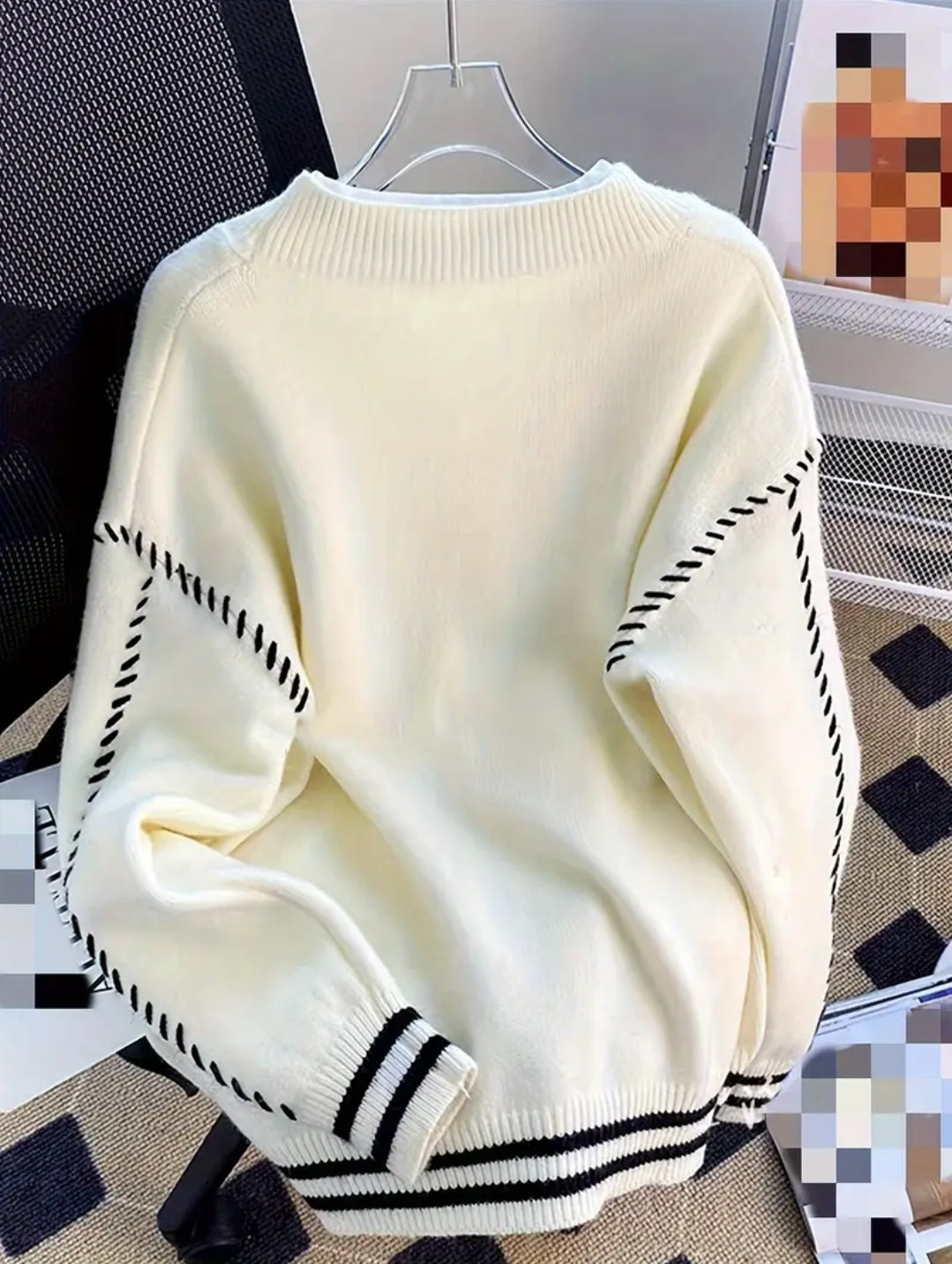 1pc Cardigan en tricot à col en V pour femme avec couleur contrastée et détail d'ours en peluche