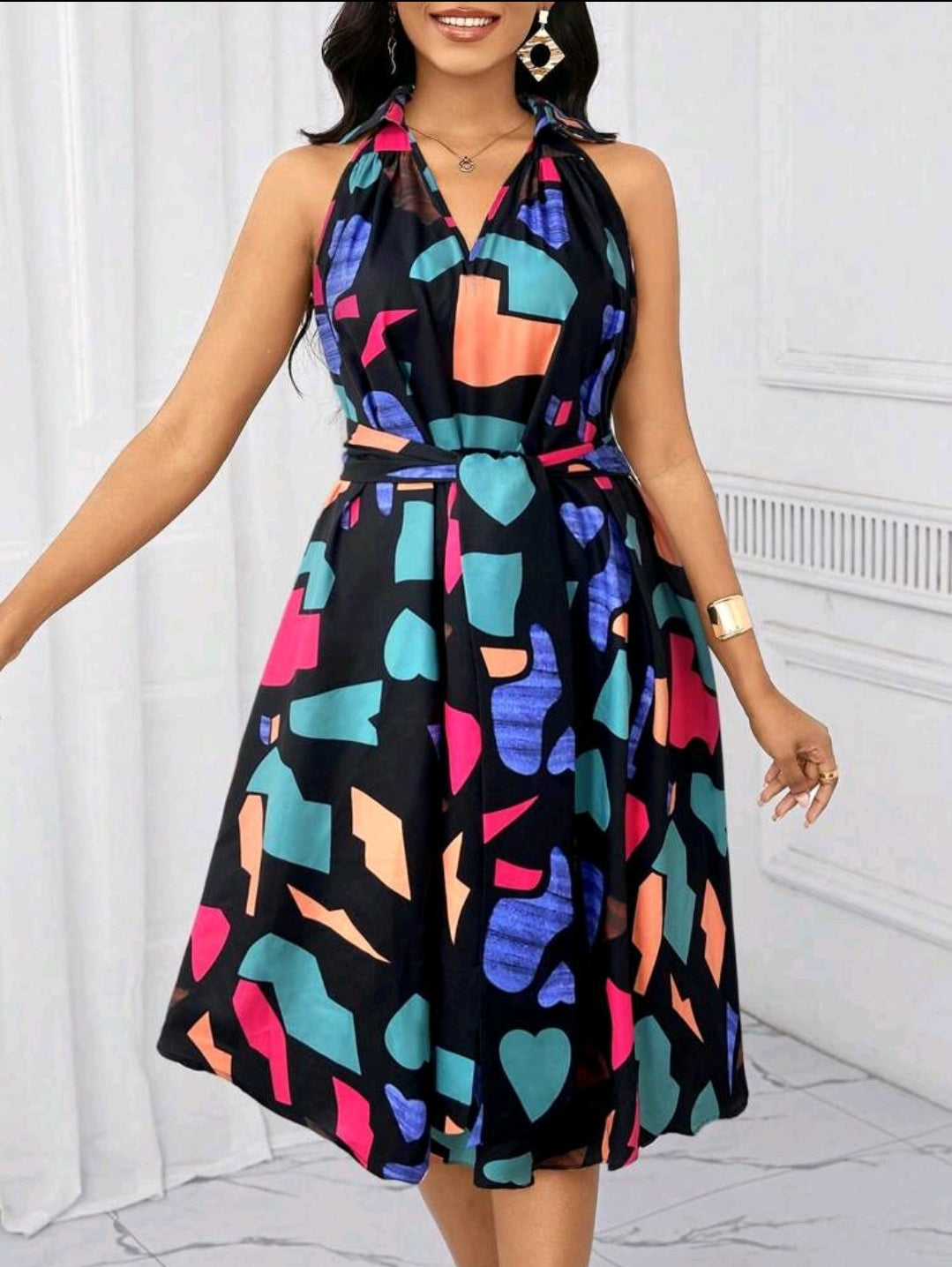 Robes de vacances Robe avec ceinture à nœud et imprimé géométrique pour femmes, pour l'été