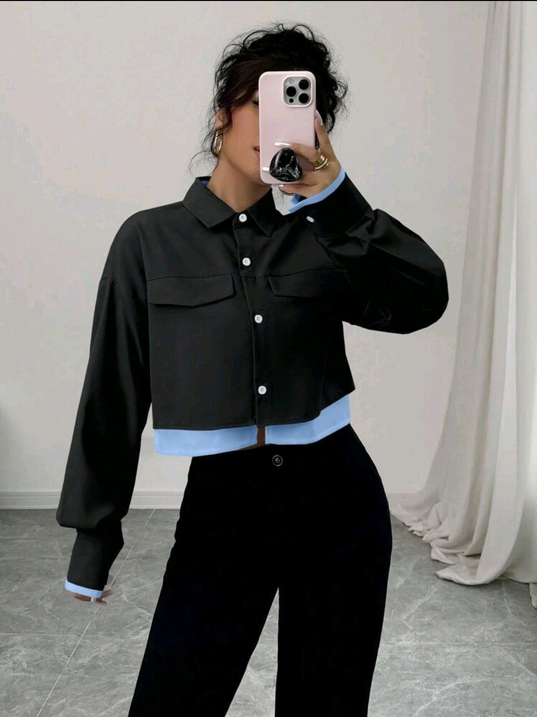 Chiquease Nouvelle blouse à manches longues avec couleurs contrastées pour femmes, en tissu tissé, col rabattu