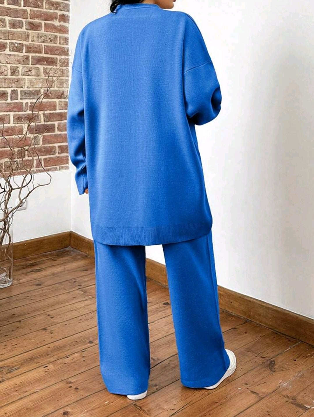 Tenue grande taille en deux pièces élégante, chemise à manches longues avec boutons et imprimé graphique et pantalon, tricoté