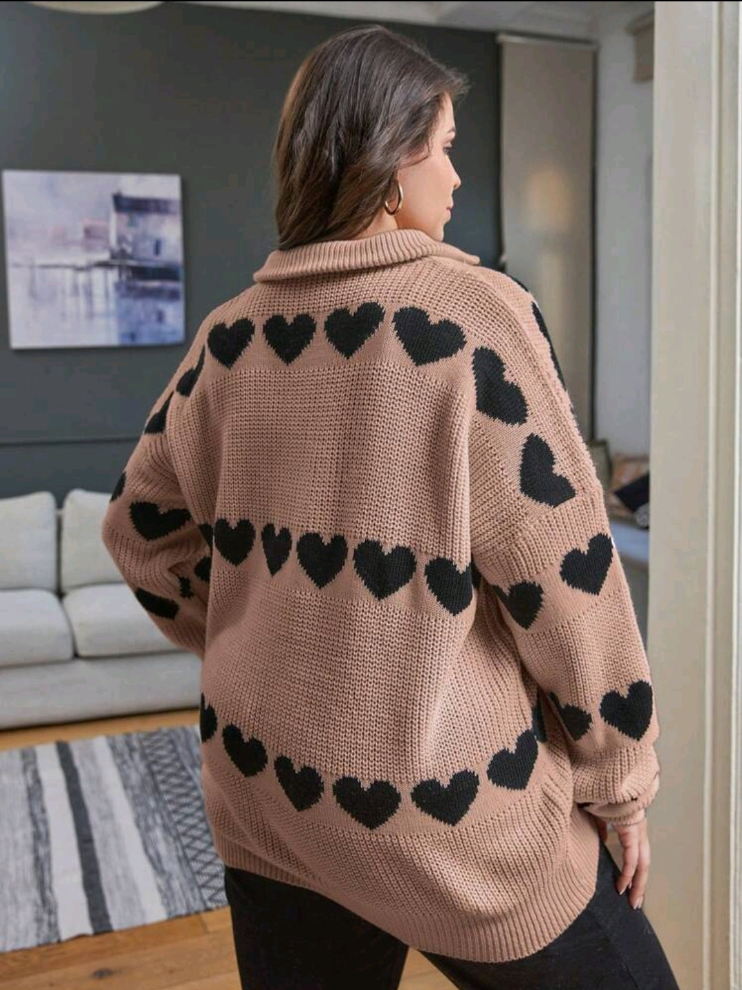 Femme grande taille Tricot Henley ample à manches longues à épaules tombantes avec motif cœur