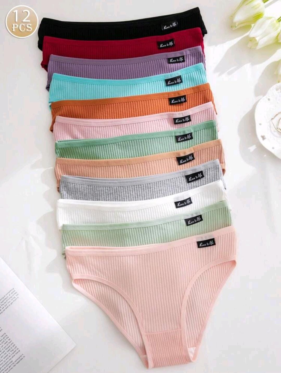 12 pièces Ensembles de culottes en tricot côtelé, respirants et confortables, sous-vêtements mignons pour filles