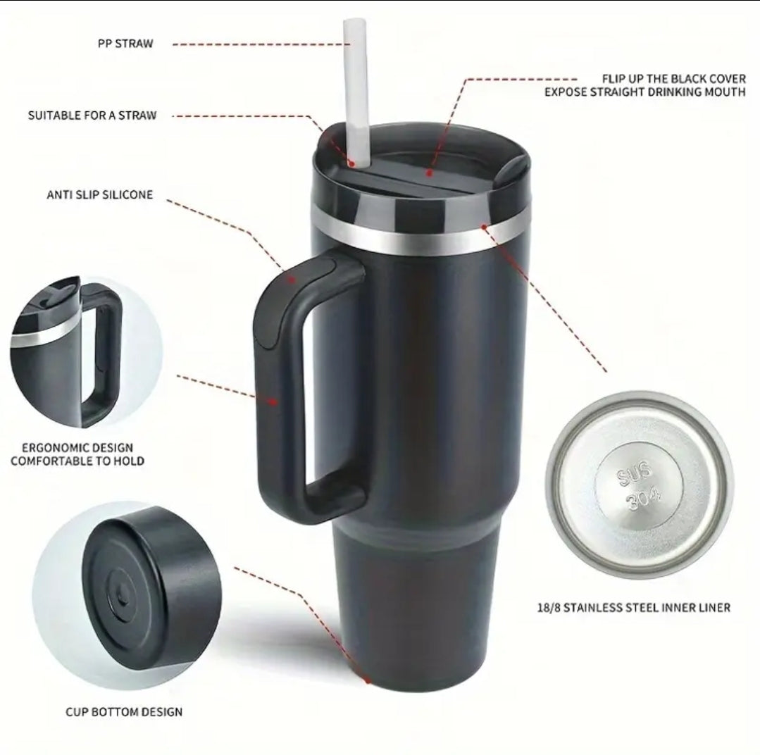 1pc Watersy 40oz Gobelet Isolé en Acier Inoxydable avec Poignée, Paille et Couvercle