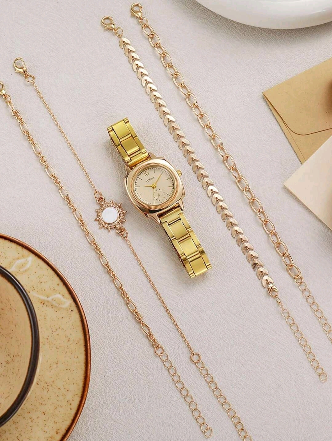 5 pièces/set Montre à quartz à cadran rond en acier de style mode mélangé avec bracelet décoré de feuilles.