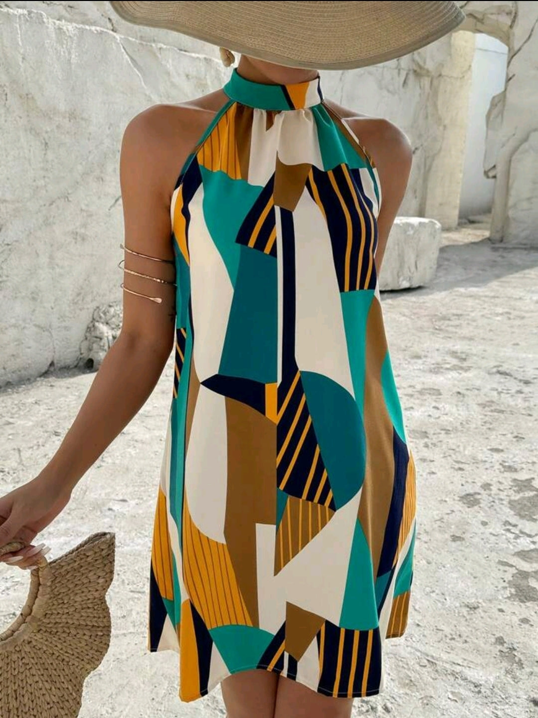 Breezaya Robe d'été à col ras-du-cou avec imprimé géométrique, tenue de plage pour les femmes