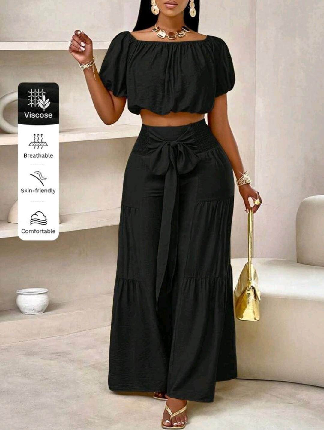 Ensemble de débardeur court à volants sans bretelles à manches bouffantes et pantalon large pour le style vacances d'été à la plage