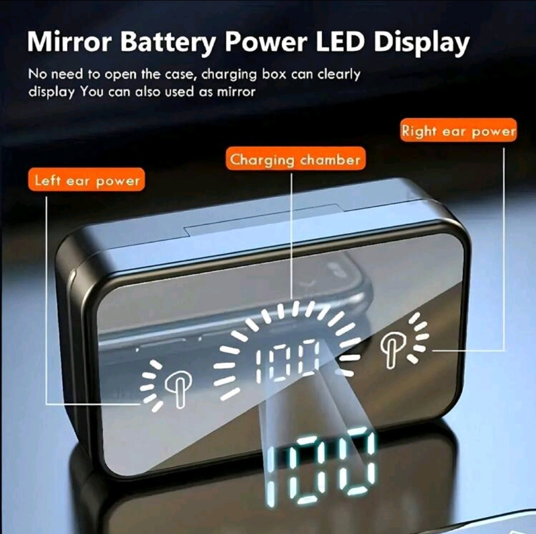Écouteurs intra-auriculaires sans fil TWS avec boîtier de charge à affichage LED, écouteurs sans fil haut de gamme avec contrôle tactile, microphone antibruit, longue durée de vie de la batterie - effet miroir brillant à la mode
