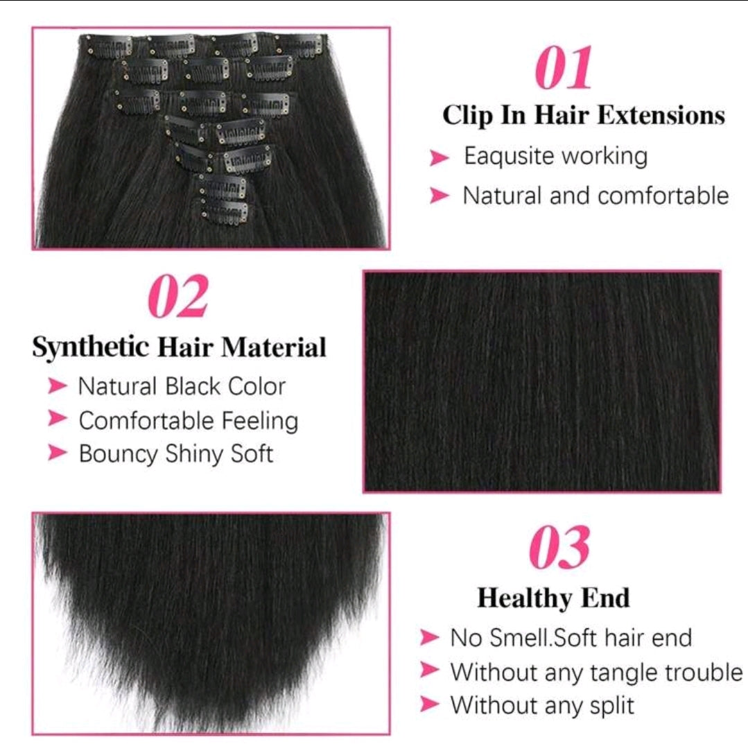 Extensions de cheveux raides kinky noirs en clips pour la tête complète, extensions synthétiques raides yaki en clips pour 7 pièces 25 inch