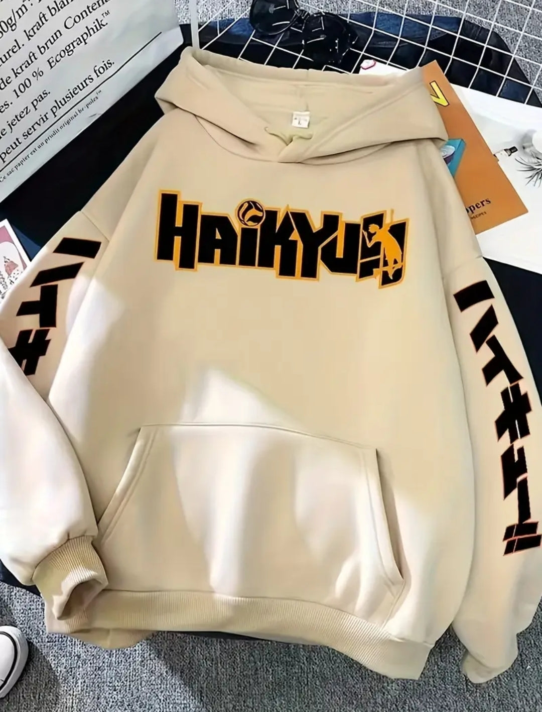 Pull-over Oversize Homme à Imprimé Anime Noir - Sweat à Capuche avec Lettres Audacieuses, Manches Longues