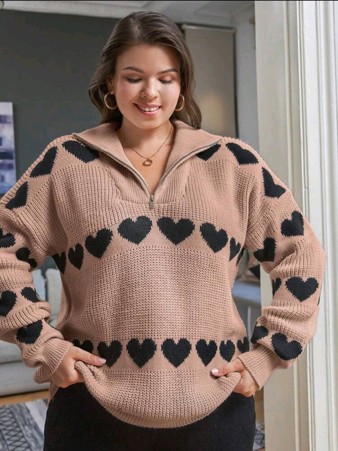 Femme grande taille Tricot Henley ample à manches longues à épaules tombantes avec motif cœur