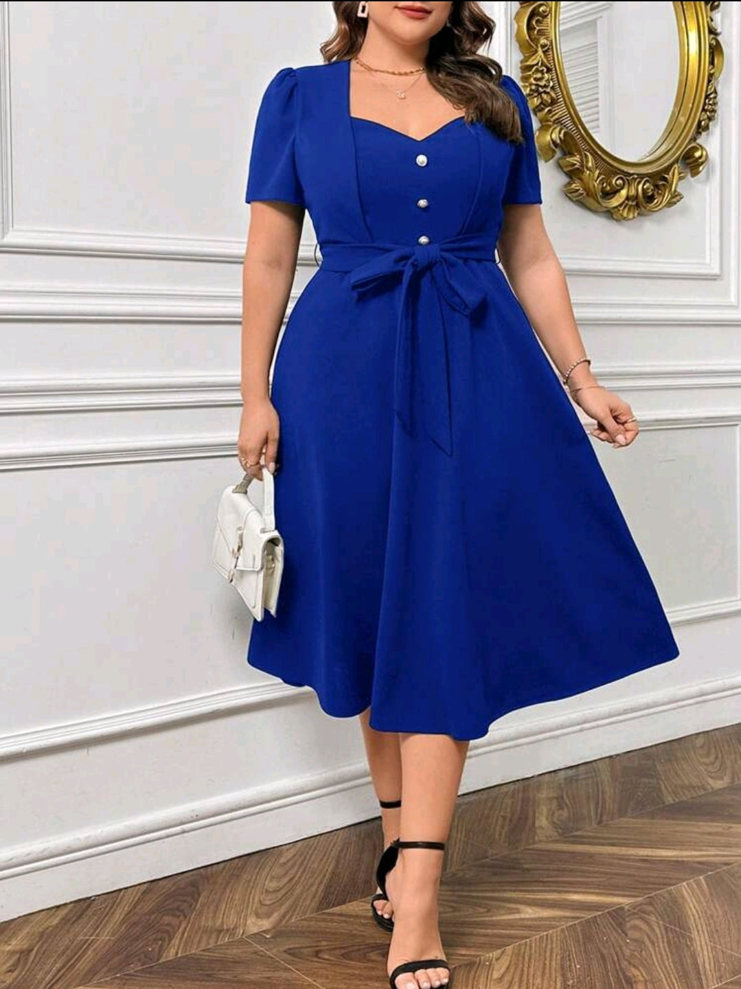 Robe romantique à manches bouffantes, col en cœur avec boutons de perle, ceinturée, adaptée pour les sorties, le travail quotidien, grande taille