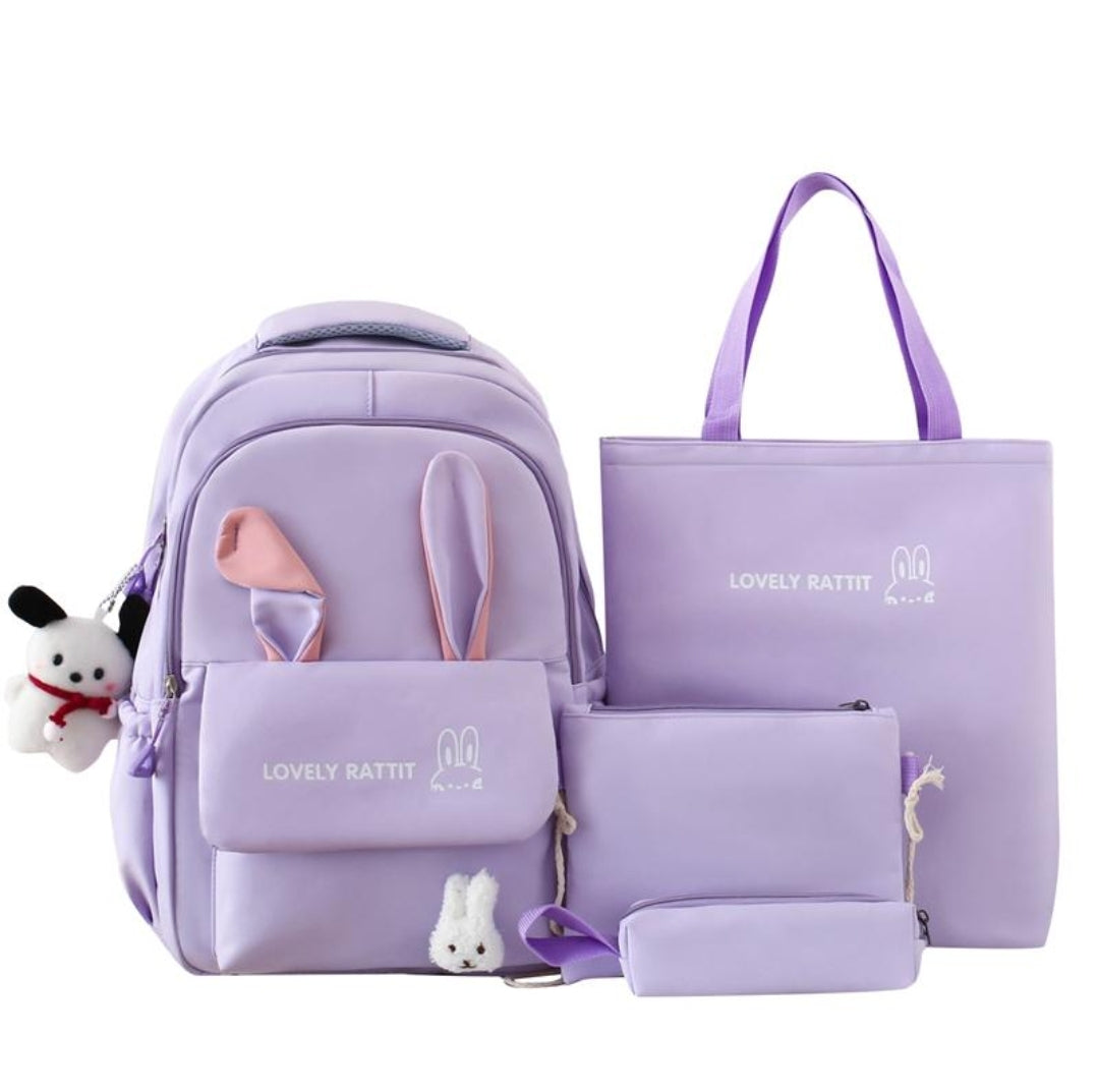 Ensemble de quatre sacs à dos pour femmes, cartable d'étudiant avec oreilles de lapin, sac à dos de protection de la colonne vertébrale de grande capacité