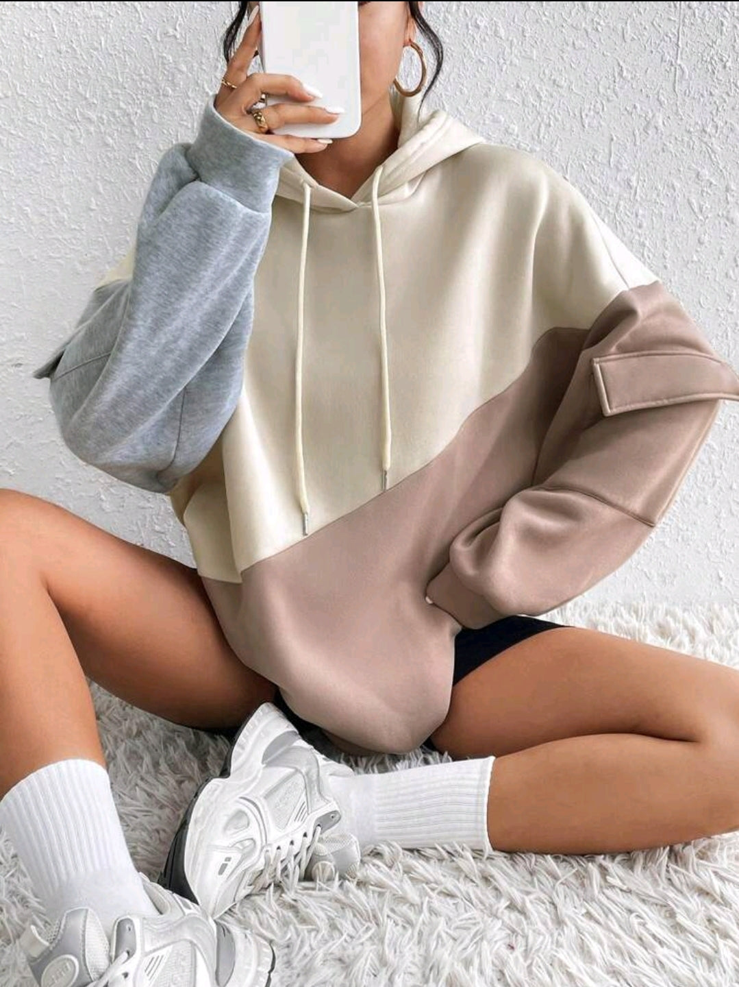 Flirla Sweat-shirt à capuche casual avec cordon de serrage, patchwork de blocs de couleur